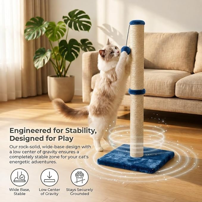 Dimaka 34" Height Tall Cat Scratching Post, Claw Scratcher with Sisal Rope and Covered with Soft Smooth Plush, Vertical Scratch [Full Strectch] Cats (Blue, 34 inches for Large Cats)