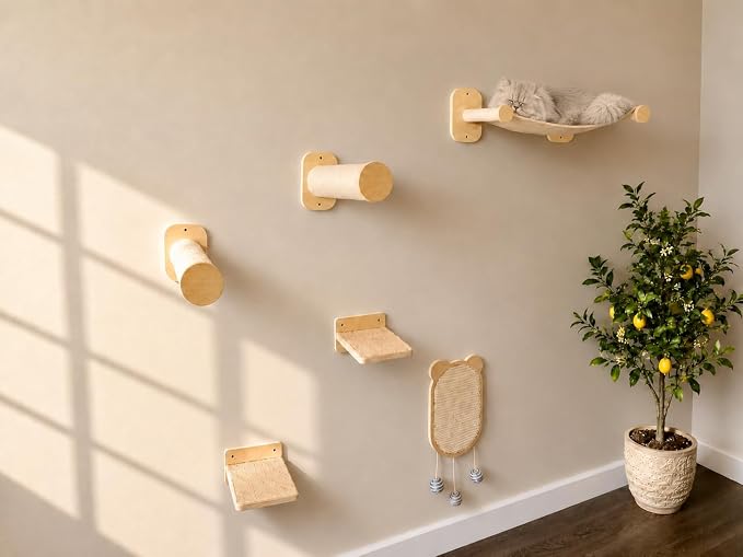 Cat Wall Shelves 6-in-1 Wall Mounted Cat Furniture with Perch & Hammock, Wooden Climbing Shelves with Scratching Post Pad, Space-Saving Climbing Tower for Indoor Cats
