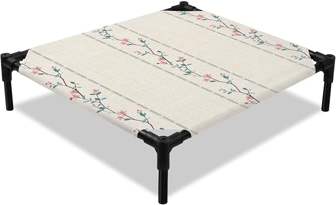 Outdoor Elevated Dog Bed for Small Dogs, Beige Flower Branch Breathable Cooling Raised Dog Cot for Indoor/Outdoor, Spring Summer Farmhouse Botanical Waterproof Elevated Pet Beds, S 20 x 20 in