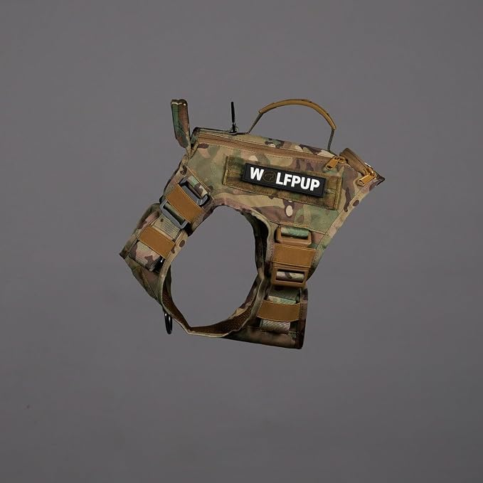 WOLFpak Tactical Dog Vest Harness No Pull Breathable MOLLE(Camo, X-Large) | Dual Grab Handles, 1000D Nylon, Four-Point Adjustment, MOLLE Attachment Panels, Three Storage Pockets, Metal Alloy Buckles