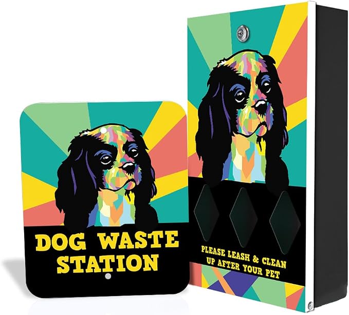 Zero Waste USA - DISPENSE-ART™ Dog Waste Station - King Charles | Commercial rust-proof aluminum station with UV artwork, 400 roll bags, 10-gallon can & 10-year warranty
