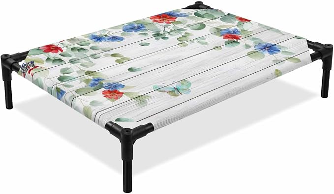 Outdoor Elevated Dog Bed for Medium Dogs, Independence Day Breathable Cooling Raised Dog Cot for Indoor/Outdoor, Eucalyptus Leaves Floral Wooden Plank Waterproof Elevated Pet Beds, M 24 x 20 in