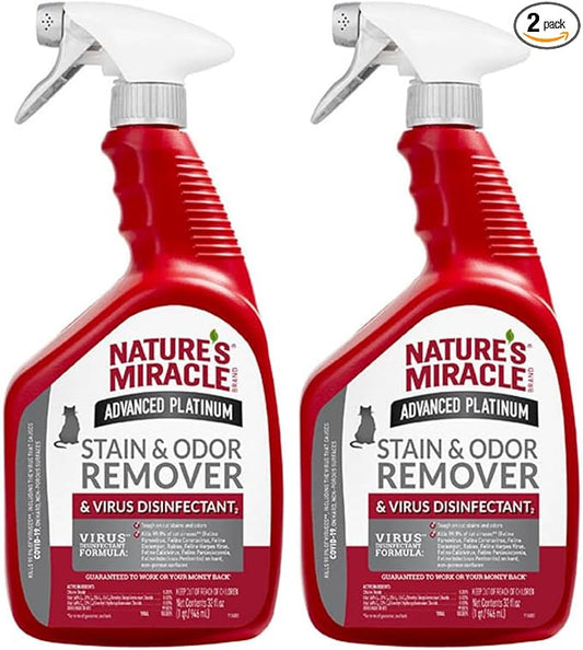 Nature's Miracle Advanced Platinum Stain and Odor Remover and Virus Disinfectant 32 Ounces, Eliminates Tough Dog Messes (Pack of 2)