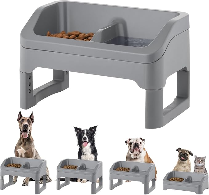 IRIS USA Elevated Pet Feeding Station, Adjustable, Double Bowls, Gray | Made in USA, Feeding Trough, Removable Double Food and Water Bowls, Easy Clean Design, Indoor Pet Feeding System
