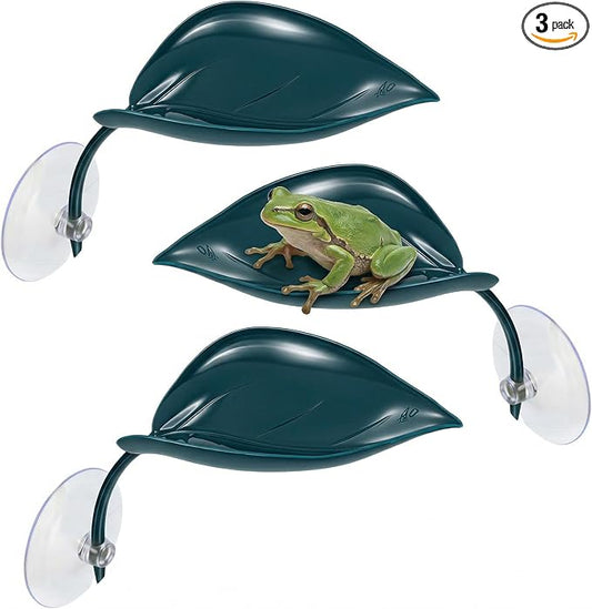 3 Pcs African Dwarf Frog Tank Accessories, Multifunctional Crested Gecko Tank Accessories, PVC Leaf Basking Platform with Suction Cups for African Dwarf Frog & Crested Gecko Tanks (4.8 x 2.8 Inches)