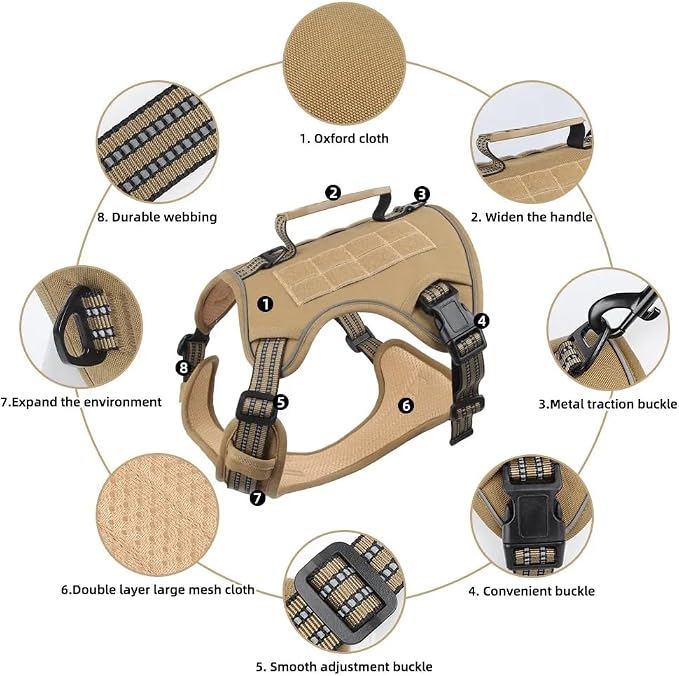 Tactical Dog Harness with Leash for Large Dogs, No Pull Adjustable Dog Harness, Reflective K9 Working Pet Vest for Walking, Training (Khaki, S)