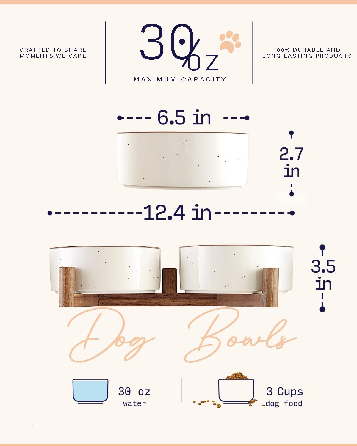 Getstar Ceramic Dog Bowls with Acacia Wood Stand, 30 fl oz, Set of 2, Dog Food Bowl with Colored Rim