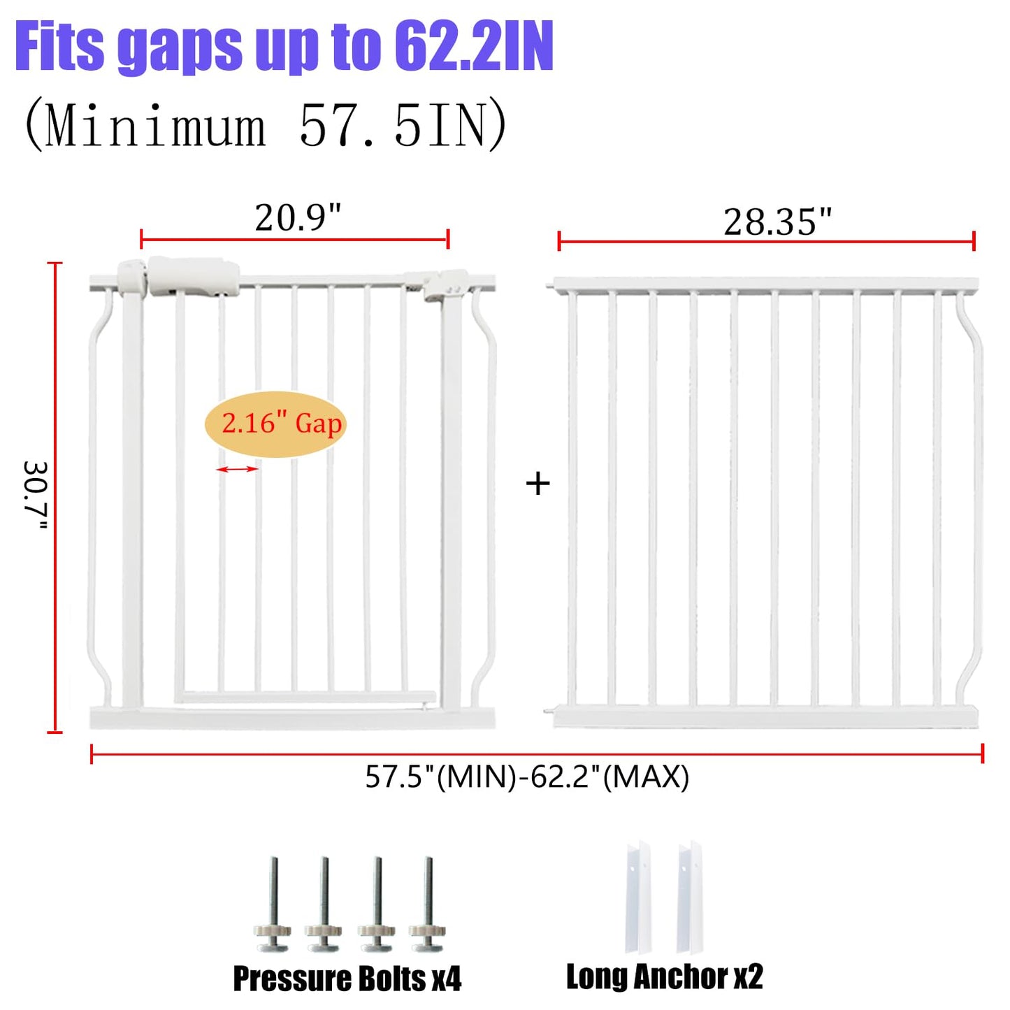 Extra Wide Baby Gates 57.5-62 Inch, Large Metal Safety Gate for Stairs, Doorways - No Drilling, Pressure Mounted Pet Gates for Kids & Dogs