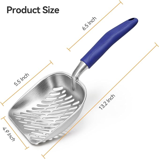 Cat Litter Scoop, Large Long Handle Kitty Metal Scooper | Heavy Duty Aluminum Deep Sifter, Ergonomic Non-Slip Grip, Rustproof Durable Poop Cleaner for Cat Litter Box