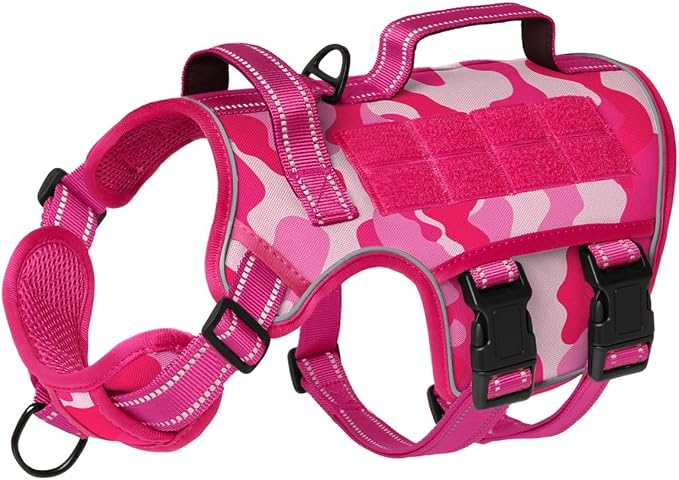 Dog Harness Medium Sized Dog, No Pull Dog Vest with Molle System | Tactical, Easy Control With Handle, Breathable Soft Padded, Adjustable, Reflective, No Choke for Walking, Pink Camo Medium