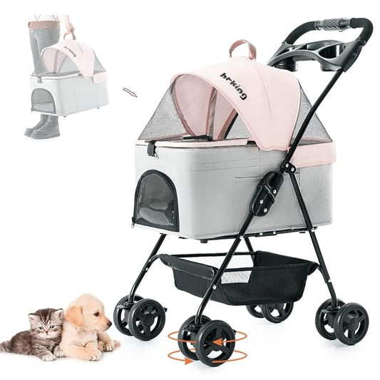 3-in-1 Pet Stroller for Small Dogs and Cats, Folding Lightweight Dog Stroller with Detachable Carrier Portable Cat Puppy Jogging Stroller with Cup Holder and Storage Basket, 4 Wheels