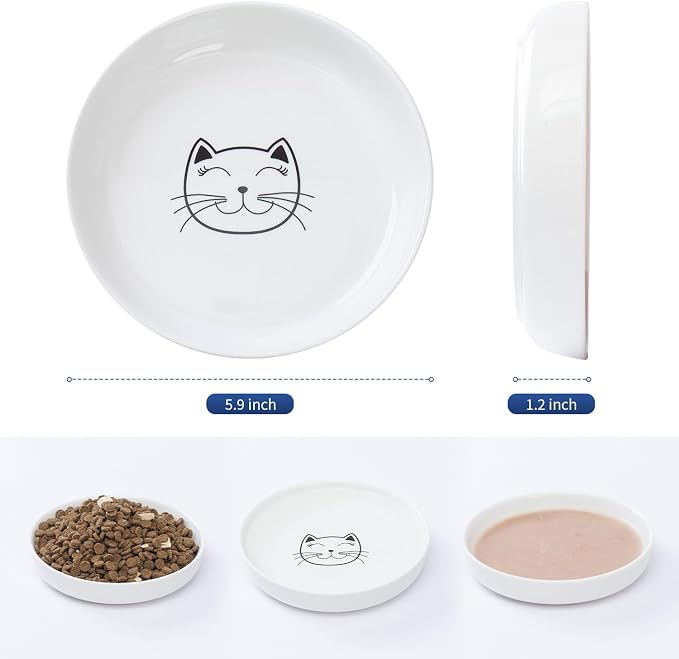 Lusifaco Shallow Cat Food Bowls, 5.9 Inch Wide Ceramic Cat Dish for Indoor Cat,Anti Whisker Fatigue Cat Dishes Set, Kitten Plates for Food and Water,Non-Slip Silicone Mat,3 Pack(Grey)