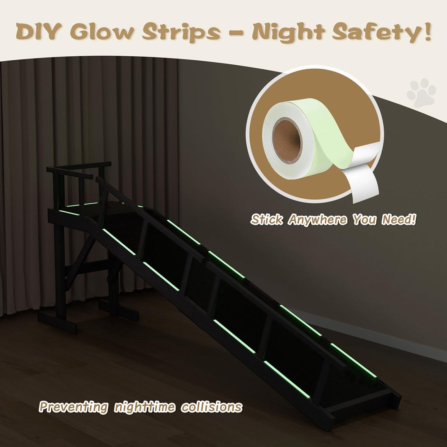 73" Dog Ramp for Bed, Pet Ramp with Removable Side Rail and Non-Slip Surface, Pet Ramp for Small & Large & Senior Dogs with Rest Platform and DIY Glow Strips,Dog Stairs for Couch, Black