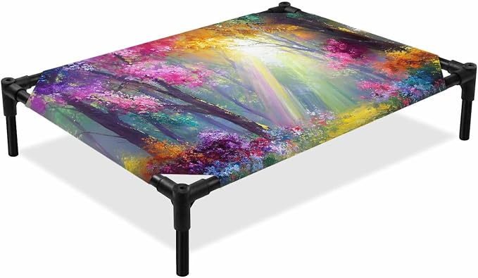 Outdoor Elevated Dog Bed for Medium Dogs, Spring Tree Breathable Cooling Raised Dog Cot for Indoor/Outdoor, Forest Sunbeams Floral Botanical Waterproof Elevated Pet Beds, M 24 x 20 in