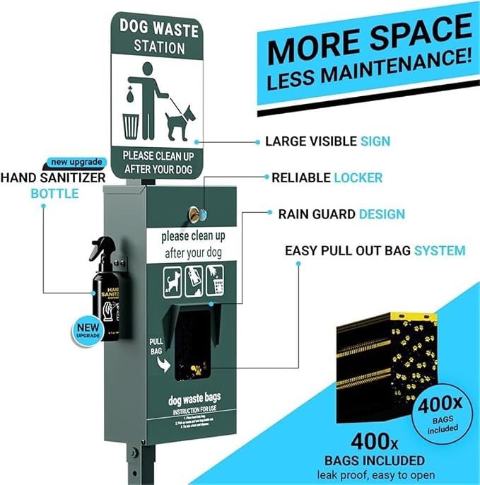 Pemberly Row Pet Waste Station, Galvanized Steel, 76 in Height, Green Finish, Lidded Trash Can with Pull-Out Bag Dispenser, Glow-in-The-Dark Signage, Includes Waste Bags and Liners for Outdoor Use