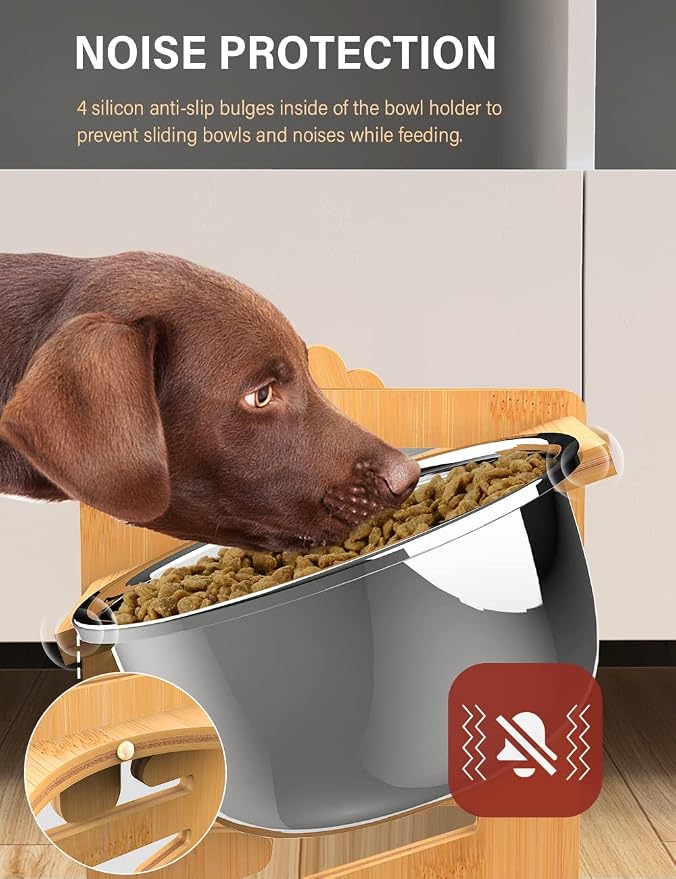 Elevated Dog Bowls, Adjustable Bowl Stand Large/XLarge, Natural | Bamboo Elevated Feeder with 2 Stainless Steel Bowls, Adjustable Height Stand for Large and Extra-Large Dogs