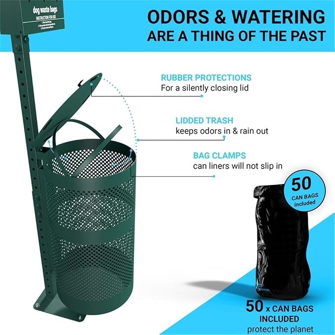 Pemberly Row Pet Waste Station, Galvanized Steel, 76 in Height, Green Finish, Lidded Trash Can with Pull-Out Bag Dispenser, Glow-in-The-Dark Signage, Includes Waste Bags and Liners for Outdoor Use