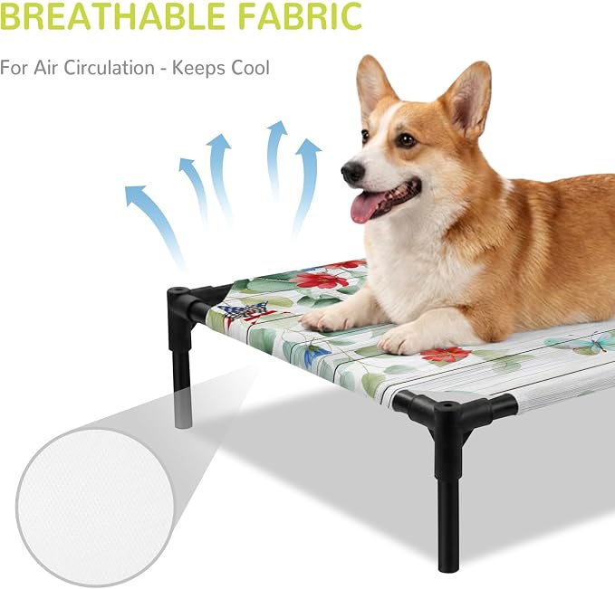 Outdoor Elevated Dog Bed for Large Dogs, Independence Day Breathable Cooling Raised Dog Cot for Indoor/Outdoor, Eucalyptus Leaves Floral Wooden Plank Waterproof Elevated Pet Beds, L 28 x 22 in