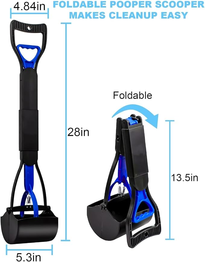 Pooper Scooper,Dog Pooper Scooper,Pooper Scooper for Large Dogs,Folding Dog Poop Scooper, 28" Long Handle No-Bend Cleanup,with Durable Spring,Works on Grass/Dirt/Gravel & More Surfaces (Blue)