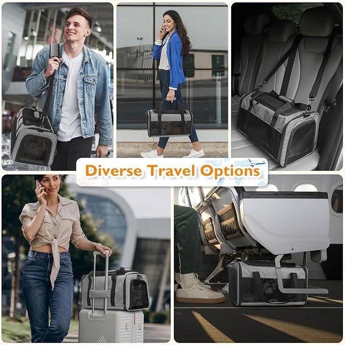 TSA Airline Approved Pet Carrier Bag, Soft Sided Collapsible Cat Dog Travel Carrier, Portable Breathable Puppy Kitten Carry Bag Outdoor Flight Car Travel (17x11x11 Grey)