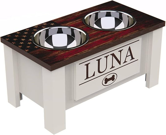 Elevated Dog Bowls, Personalized Raised Dog Bowl Stand for Medium Dogs | Farmhouse Style, Elevated Wood Stand, Storage Container, Stainless Steel Bowls, Raised Anti-Slip Feeder, Made in USA