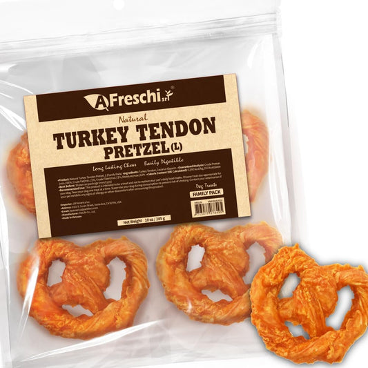Afreschi Natural Turkey Tendon Pretzel (L) 10 oz, USA-Sourced Turkey Tendon, All Natural Puppy Chew, Hypoallergenic, Rawhide Alternative, for Large Breeds