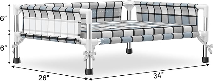 Elevated Dog Bed with with Guardrail & Cushion, Raised 3-Fence Dog Bed | Breathable Lifted Stainless Steel Frame Dog Hammock Bed with Mat for All Pets, Cooling Washable Dog Cot