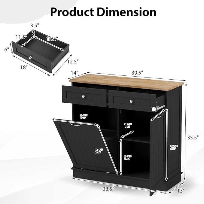 POWERSTONE Hidden Tilt Out Trash Cabinet Kitchen Island with 2 Drawers & Adjustable Shelf, Rubber Wood Countertop, Freestanding Laundry Hamper Recycle Bins, Pet Proof Garbage Can Holder Black