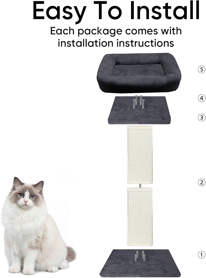 Cat Scratching Post, 32”Cat Scratcher with Large Plush Perch, Sisal & Carpet Scratching Post, Vertical Posts with Elevated Bed for Indoor Cats, Removable& Washable Cover, Dark Grey