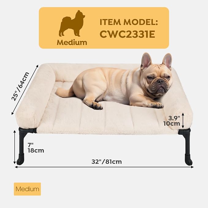 Veehoo Elevated Dog Beds Medium Sized Dog with Fluffy Plush Bolster Cushion | Orthopedic Raised Dog Beds for Indoor Outdoor, Soft Pet Sofa Cot with Removable Washable Mat, No-Slip Feet, 32" x 25", White