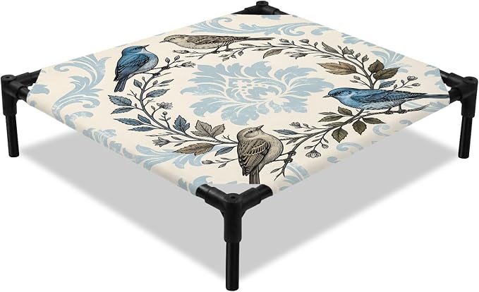 Outdoor Elevated Dog Bed for Small Dogs, Blue Floral Breathable Cooling Raised Dog Cot for Indoor/Outdoor, Rustic Birds Flowers Vintage Branch Garland Waterproof Elevated Pet Beds, S 20 x 20 in