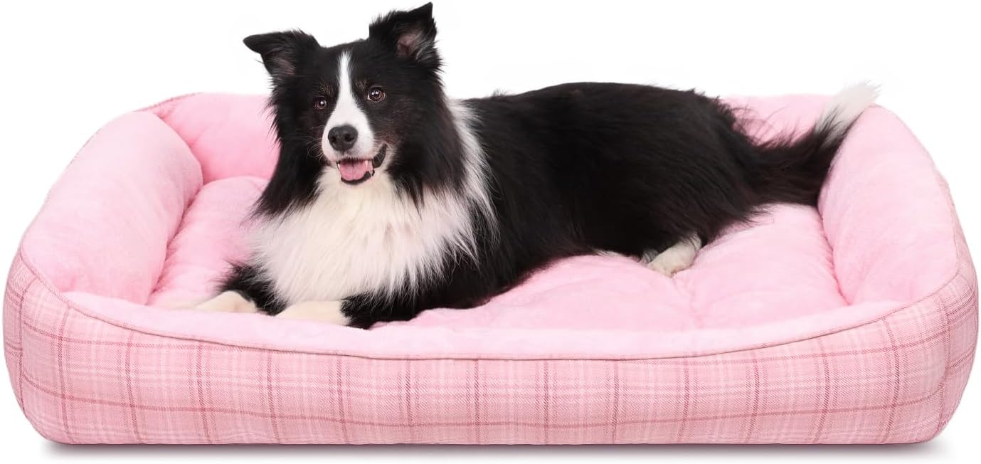 MIHIKK Rectangle Dog Beds for Extra Large Dogs & Cats, Orthopedic Sleeping Pet Bed for Couch with Durable Puppy Cuddler and Anti-Slip Bottom Machine Washable 44 * 30 Inch (Pink)