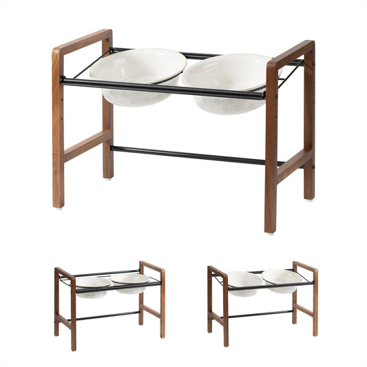 7.1inch Ceramic Adjustable Raised Double Bowls Set with Stand, 3 Heights Elevated, 2 Placement Options,Food and Water Bowls for Medium and Large Dog(Reactived Glaze -White)