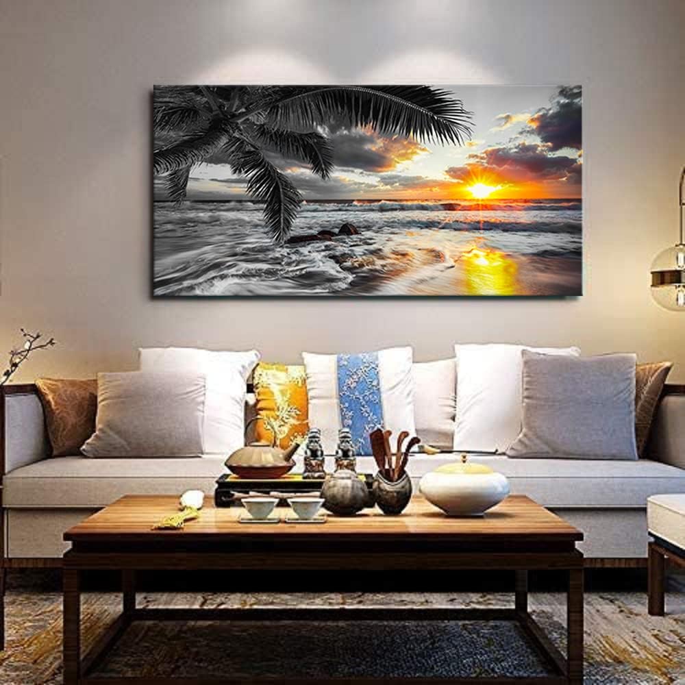 Yxbhhym-Black and White Wall Art Beach Décor Large Ocean Canvas Pictures Wave Sunrise Seascape Print Painting Palm Poster Sea Artwork for Office Wall Art Bedroom Accessories Living Room Décor