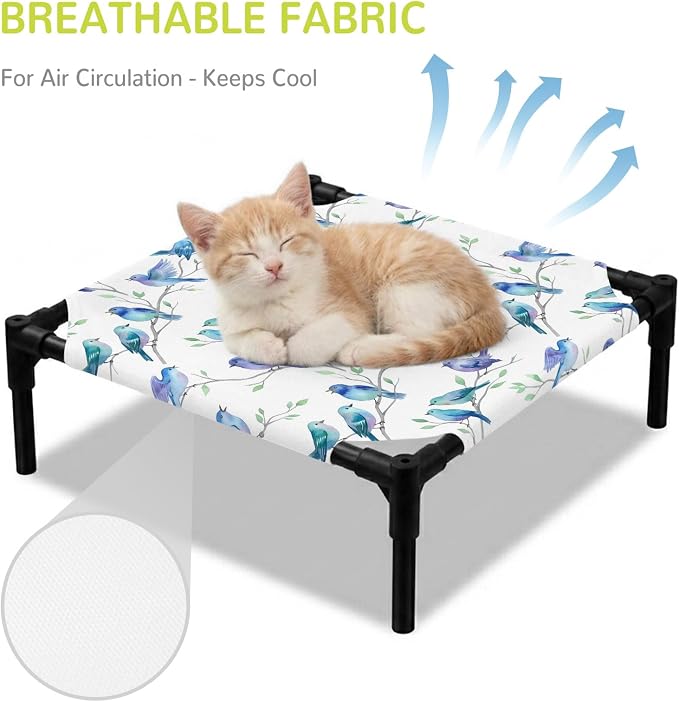 Outdoor Elevated Dog Bed for Small Dogs, Cute Birds Ombre Blue Breathable Cooling Raised Dog Cot for Indoor/Outdoor, Spring Country Animals Branches Waterproof Elevated Pet Beds, S 20 x 20 in