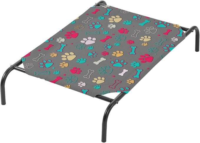 QOOMO Elevated Dog Bed with Cooling Fabric, Pet Cot for Small and Big Dogs, Indoor and Outdoor Use, Joint Relief, Cute Printed Cushion Included (Colored Paw Prints, 35.43" L*25.59" W*8.27" Th)