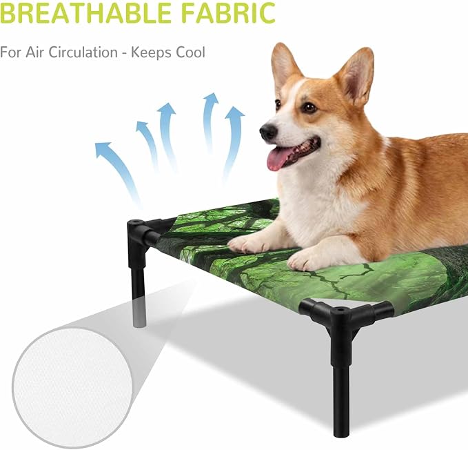 Outdoor Elevated Dog Bed for Large Dogs, Green Trees Breathable Cooling Raised Dog Cot for Indoor/Outdoor, Sunlight Forest Branches Nature Scenery Waterproof Elevated Pet Beds, L 28 x 22 in