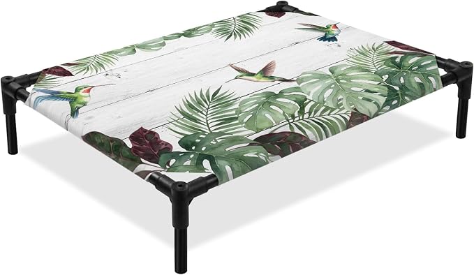 Outdoor Elevated Dog Bed for Large Dogs, Summer Hummingbirds Breathable Cooling Raised Dog Cot for Indoor/Outdoor, Tropical Palm Leaves Farmhouse Wood Waterproof Elevated Pet Beds, L 28 x 22 in