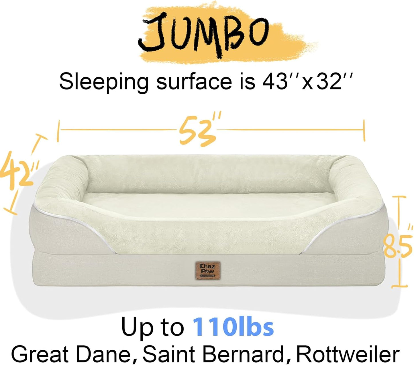 Washable Orthopedic Large Dog Bed - Removable Waterproof Cover with Bolster Machine Washable Extra Large Dogs Beds Foam Support XL Big Pet Beds