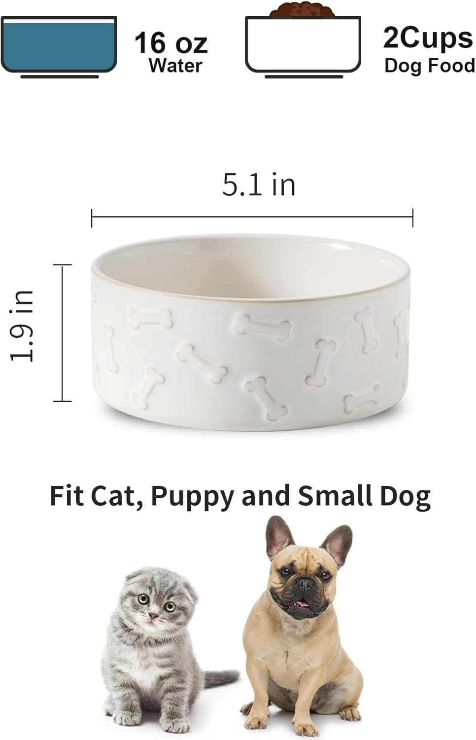 UBEE Ceramic Dog Bowl Set of 2, 5.1 inch Dog Food Bowl with Bone Pattern, Pet Food Water Dish Feeding for Small Dogs and Large Cat, White