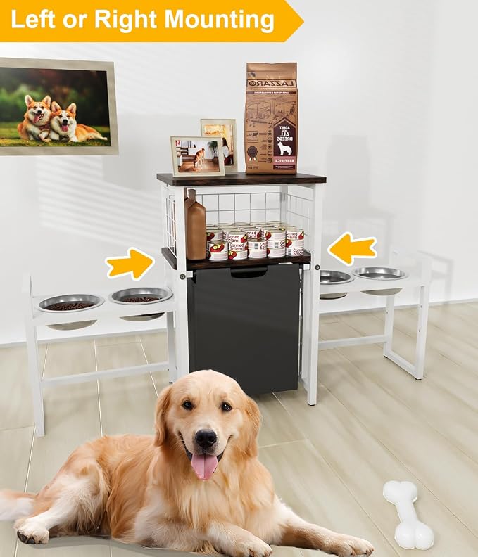 30.6Long x 26.2 High Elevated Dog Bowl Stand, White | with Pet Food Storage Organizer, Adjustable Raised Feeding Station with Toy Basket for Large Medium Small Dogs and Cats