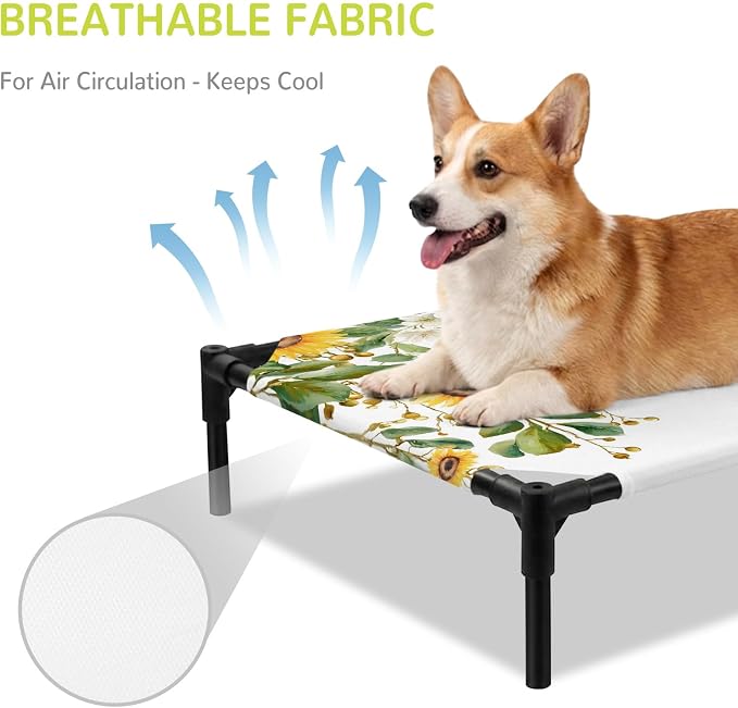 Outdoor Elevated Dog Bed for Medium Dogs, Hanging Floral Breathable Cooling Raised Dog Cot for Indoor/Outdoor, Spring Botanical Sunflower Green Leaves Waterproof Elevated Pet Beds, M 24 x 20 in