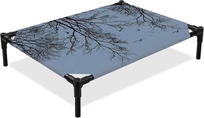 Outdoor Elevated Dog Bed for Medium Dogs, Blue Black Branches Breathable Cooling Raised Dog Cot for Indoor/Outdoor, Botanical Dead Tree Birds Waterproof Elevated Pet Beds, M 24 x 20 in