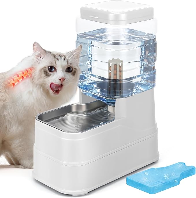 1.6 Gallon Pet Automatic Dog Water Dispenser Cat Gravity Waterer Feeder with Stainless Steel Bowl 8L Large Capacity Puppy Feeding Raised Bowls with Filter,Ice Pack (White, 6L(1.6 Gallon))