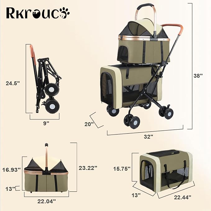 Foldable Double Pets Stroller for Dog Portable Cat Strollers for Small Medium Pet with Detachable Carriers Flexible Lockable Wheels Lightweight Dogs Jogger Strolling Cart Up to 77Lbs (Green)