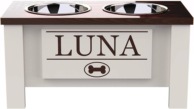 Elevated Dog Bowls for Small Dogs, Personalized Food Stand for Small Breed | Farmhouse Style, Elevated Wood Stand, Storage Container, Stainless Steel Bowls, Raised Anti-Slip Feeder, Made in USA