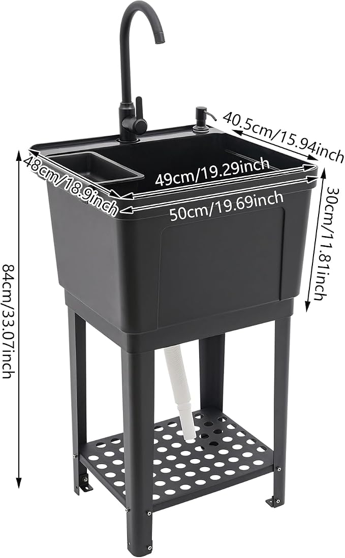 Tall Freestanding Plastic Utility Sink with Hose Hook Up Black | 360° Rotating Hot and Cold Faucet, Built-in Soap Box and Soap Dispenser, Bottom Storage Rack, Four Iron Support Feet
