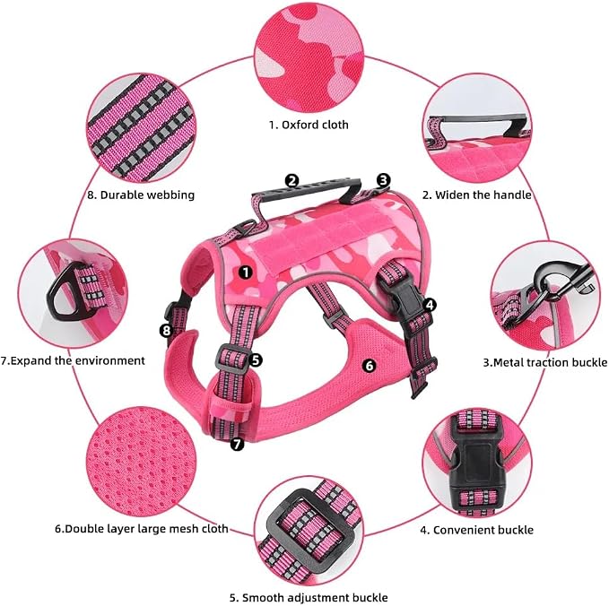 Tactical Dog Harness with Leash for Large Dogs, No Pull Adjustable Dog Harness, Reflective K9 Working Pet Vest for Walking, Training (Fuchsia Camo, XL)