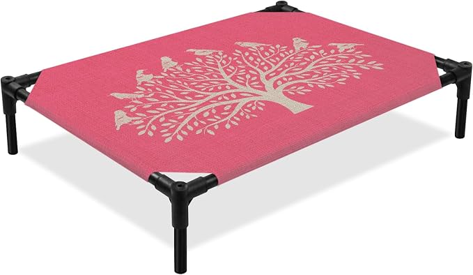Outdoor Elevated Dog Bed for Medium Dogs, Black Tree Breathable Cooling Raised Dog Cot for Indoor/Outdoor, Birds Vintage Farmhouse Pink Waterproof Elevated Pet Beds, M 24 x 20 in