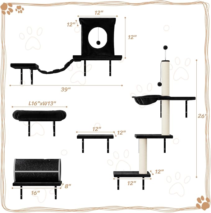 12-in-1 Cat Wall Shelves, Modern Wall-Mounted Cat Furniture, Wooden Climber Includes House, Bridge, Tree, Steps, and Scratcher, Space-Saving Cat Climbing Wall Systems, Black